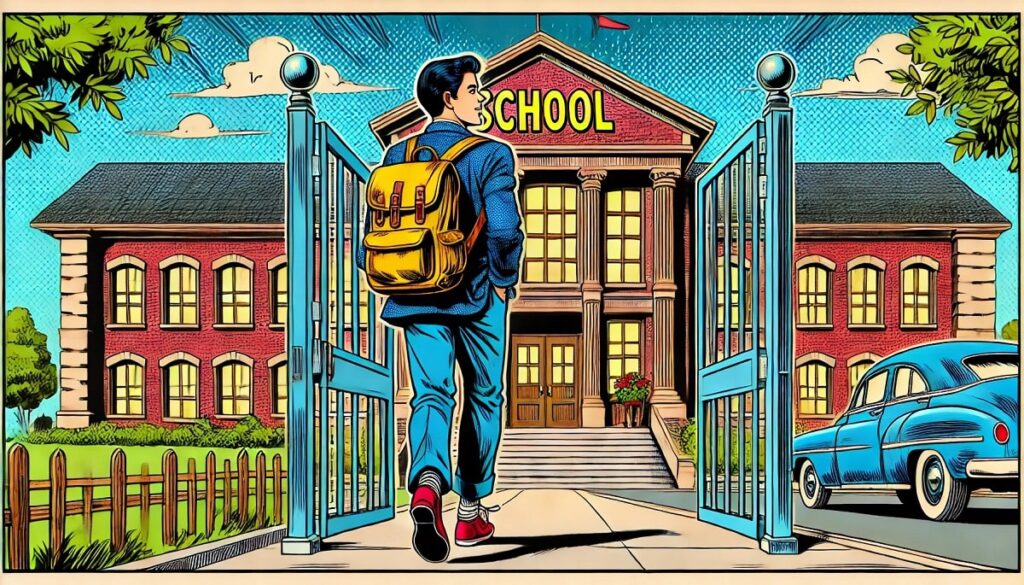 Illustrazione di uno studente all’ingresso della scuola, dal sito EduCorp