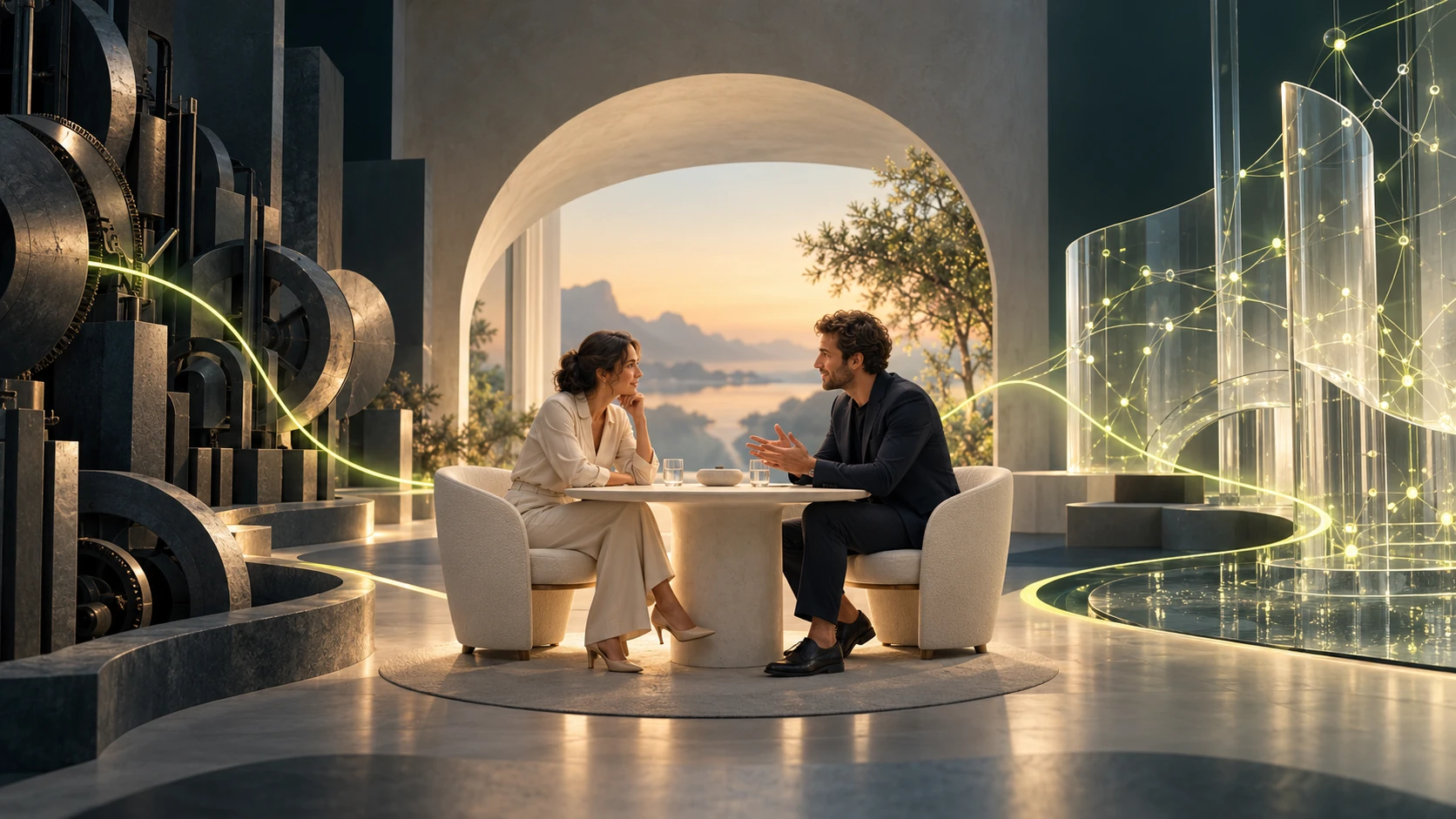 Due persone dialogano in un ambiente tra meccanismi e connessioni digitali: la fiducia umana resta al centro